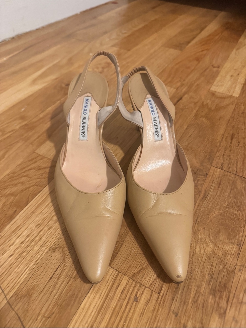 Manolo Blahnik Nude Leather Pointed Slingback Pumps